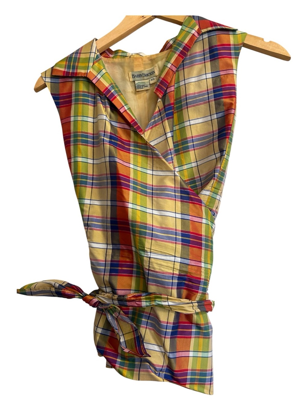 Vintage 90s Barry Bricken 100% Silk Madras Plaid Wrap Blouse Top Preppy XS